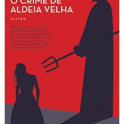 Cartaz vermelho e cinzento com silhuetas pretas de mulher e figura demoníaca, texto em português