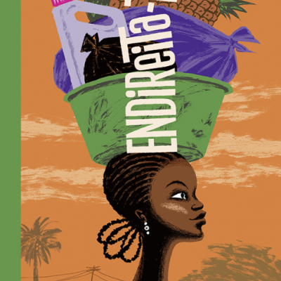 Ilustração de mulher a equilibrar tigela com frutas e sacos na cabeça, fundo laranja com figuras desfocadas