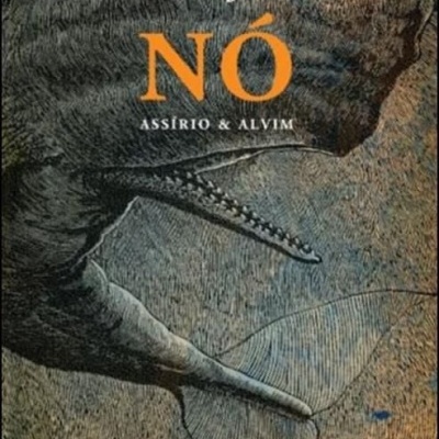 Capa de livro com desenho de peixe ou baleia em tons castanhos e texto 