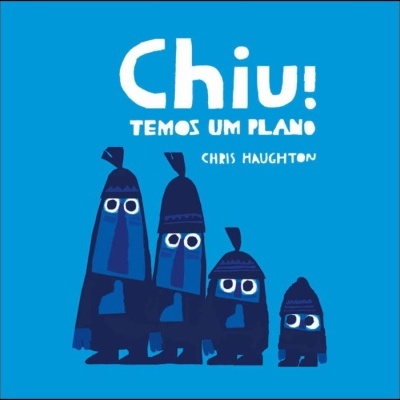 Capa de livro infantil azul com quatro personagens geométricos azuis e texto em branco.