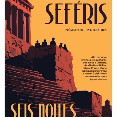 Capa do livro Seis Noites na Acrópole com ilustração do Templo da Acrópole e pessoas.