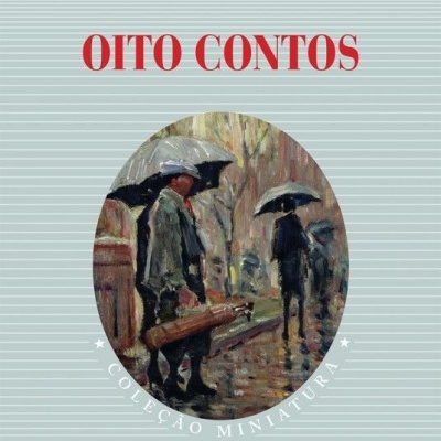 Capa de livro OITO CONTOS de Dylan Thomas com ilustração de pessoas com guarda-chuvas na chuva