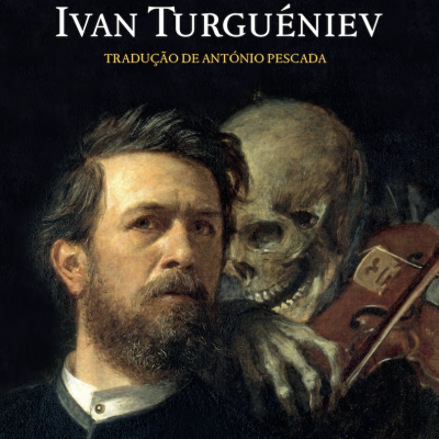 Capa de livro com título, nome do autor e pintura de homem com esqueleto e violino