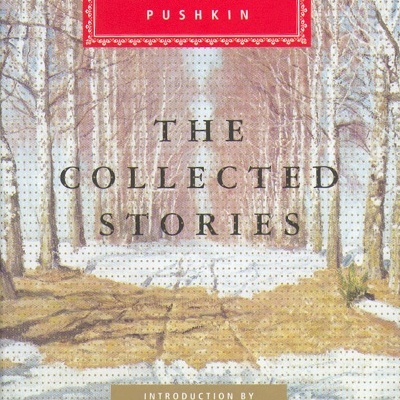 Capa de livro com pintura de caminho de inverno e título THE COLLECTED STORIES de Alexander Pushkin