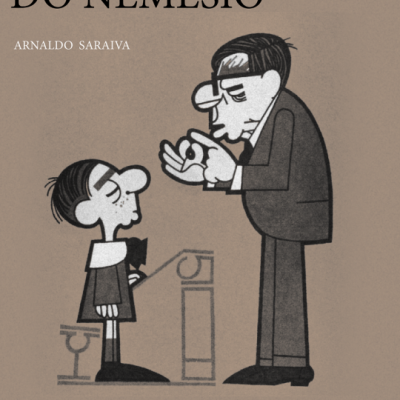 Capa do livro Anedotas do Nemésio com ilustração de duas personagens e texto editorial