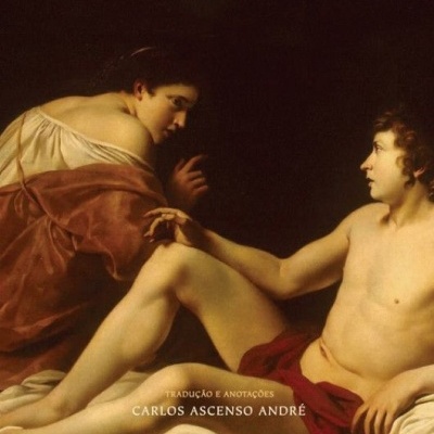 Capa do livro Arte de Amar de Ovídio com pintura clássica de duas pessoas e texto editorial