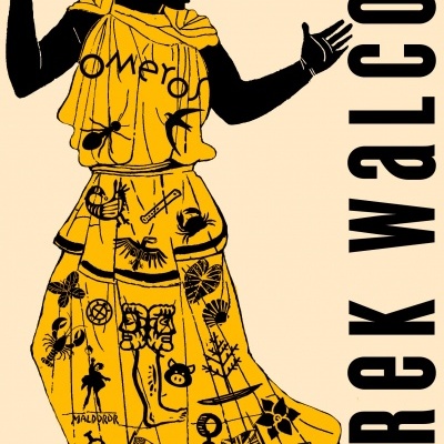 Ilustração de figura humana com túnica amarela e texto vertical Derek Walcott