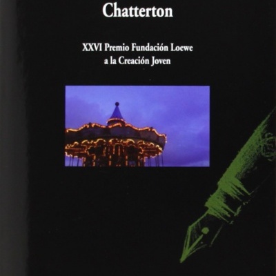 Capa preta do livro Chatterton com imagem de carrossel e pena verde
