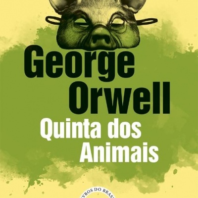 Capa do livro com cabeça de porco e texto George Orwell Quinta dos Animais