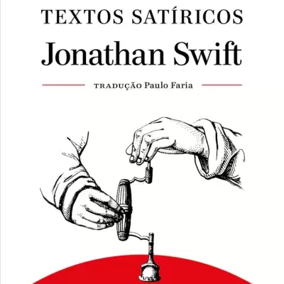 Capa de livro com título de textos satíricos de Jonathan Swift e ilustração de mãos com objeto
