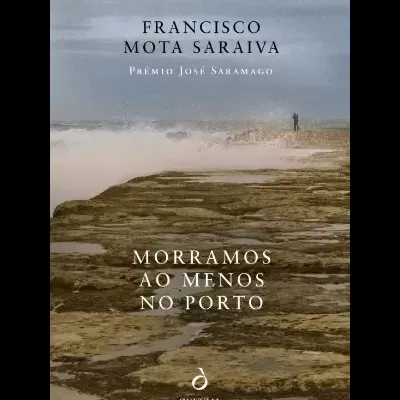 Capa do livro 'Morramos ao menos no Porto' de Francisco Mota Saraiva com paisagem rochosa e névoa