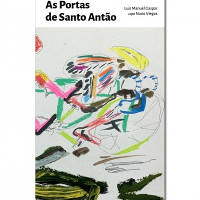 Capa de livro branco com título e nomes, desenho colorido abstrato de bicicleta.