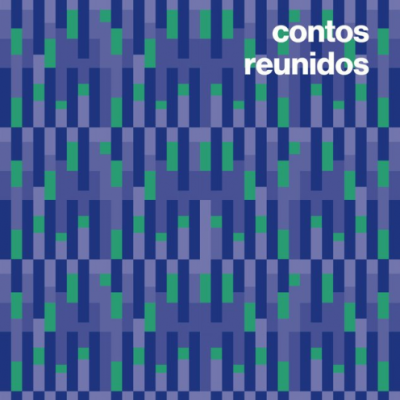 Capa de livro 'contos reunidos' de Aldous Huxley com padrão geométrico azul e verde