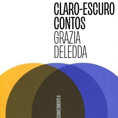 Capa de livro claro-escuro contos de Grazia Deledda com círculos coloridos