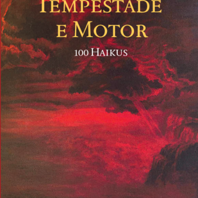Capa do livro 'Tempestade e Motor' com fundo artístico vermelho e preto e texto em amarelo branco