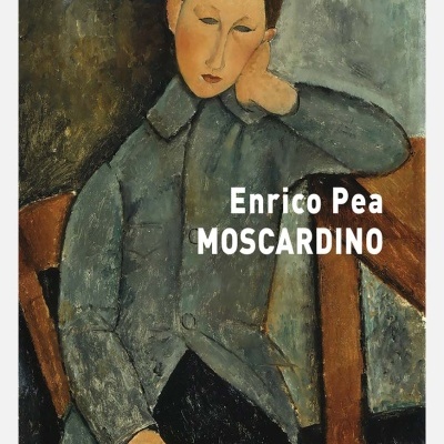 Livro com capa de pintura de uma pessoa de casaco cinzento sentado numa cadeira de madeira.