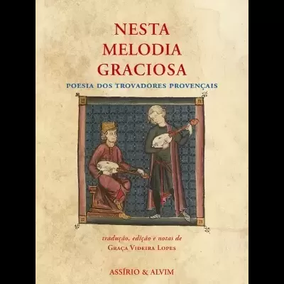 Capa de livro com ilustração medieval de dois trovadores e texto do título e autores