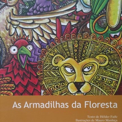 Capa de livro ilustrada com animais e texto do título em faixa castanha