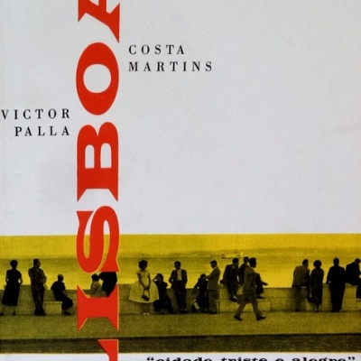 Capa do livro Lisboa com título em vermelho e imagem de pessoas junto ao muro com fundo amarelo