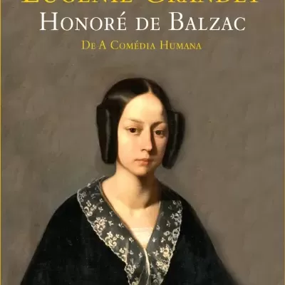 Capa do livro Eugénie Grandet de Honoré de Balzac com retrato de mulher e texto em fundo castanho
