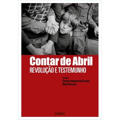 Capa de livro Contar de Abril com imagem de menino e adultos e texto em fundo vermelho