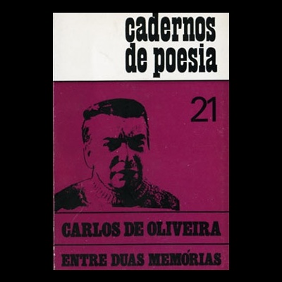 Capa de livro 'cadernos de poesia 21' com rosto masculino e texto de Carlos de Oliveira.