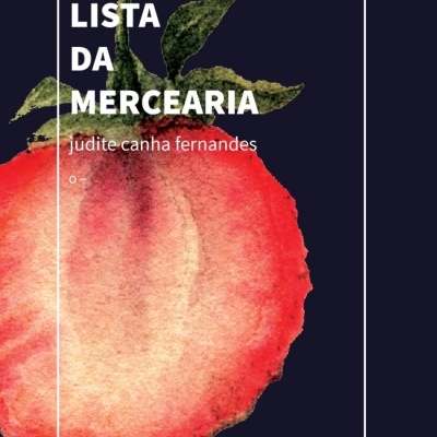 Capa de livro azul escuro com ilustração de morango e texto branco.