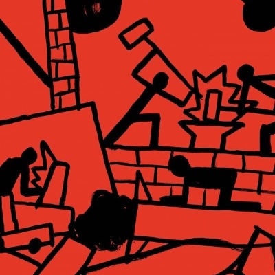 Padrão ilustrativo vermelho com figuras humanas negras a construir e trabalhar com ferramentas.