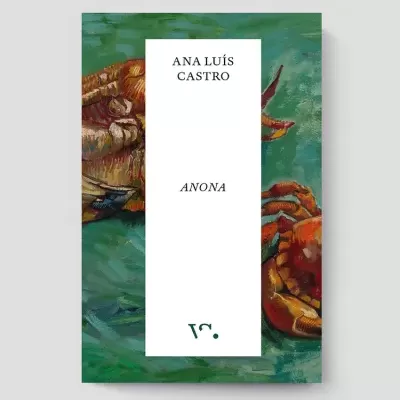 Capa de livro verde com ilustração de caranguejos e faixa branca central com textos