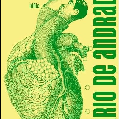 Capa de livro com ilustração de casal e coração com texto em verde sobre fundo amarelo