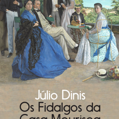 Capa de livro com grupo de pessoas do século XIX em roupas formais junto a árvores