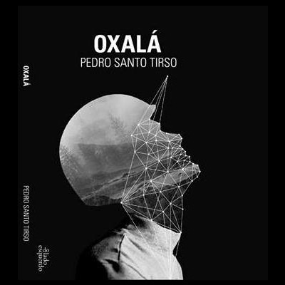 Capa de livro preta com rosto monocromático e linhas geométricas, texto branco