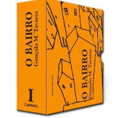 Caixa de livro laranja com ilustração de casas e texto O BAIRRO Gonçalo M. Tavares