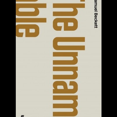 Capa de livro 'The Unnamable' de Samuel Beckett com texto castanho e preto sobre fundo cinzento claro