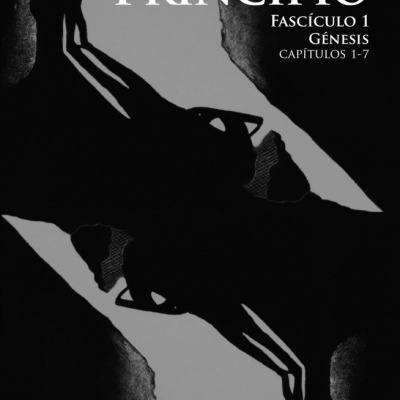 Capa de livro com texto 'NUM PRINCÍPIO Fascículo 1 GÉNESIS capítulos 1-7' e sombras de duas figuras humanas.