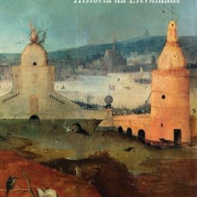 Capa de livro 'História da Eternidade' de Jorge Luis Borges com pintura medieval de torres e figuras