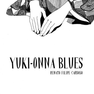 Capa de livro YUKI-ONNA BLUES com ilustração em preto e branco de mãos e roupa padronizada