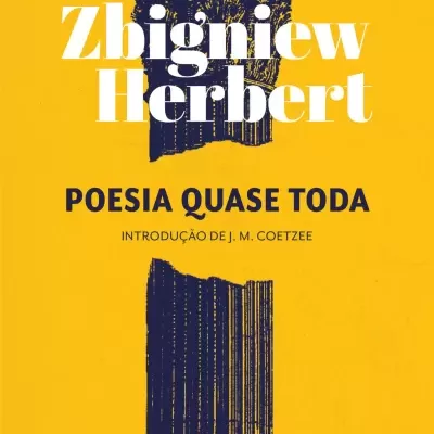 Capa de livro amarelo com título Zbigniew Herbert e coluna clássica azul-marinho