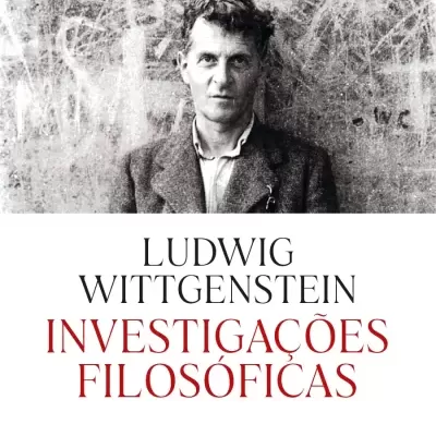 Capa do livro Investigações Filosóficas de Ludwig Wittgenstein com fotografia a preto e branco e texto em preto e vermelho