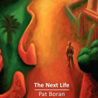 Capa de livro colorida com figura humana e cão num caminho, texto The Next Life Pat Boran