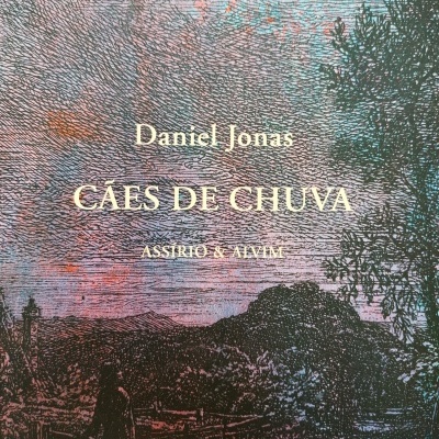 Capa de livro com paisagem e texto Daniel Jonas, CÃES DE CHUVA, ASSÍRIO & ALVIM