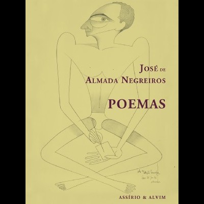 Capa de livro 'Poemas' de José de Almada Negreiros com ilustração de homem desenhado
