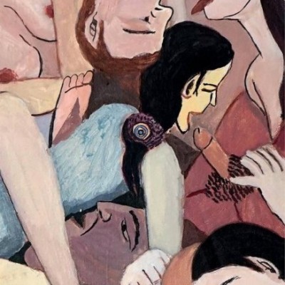 Capa de livro com ilustração abstrata de várias figuras humanas e texto OLHO DO TU e Rui Nuno Vaz Tomé