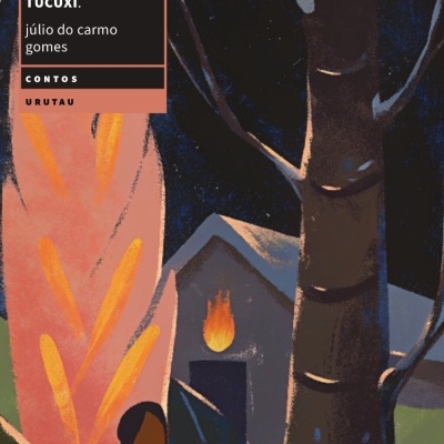 Capa de livro com ilustração de floresta à noite, cabana com fogo e texto informativo