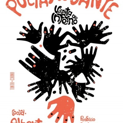 Capa de livro Poetas de Dante com arte de mãos em preto e coral sobre fundo branco