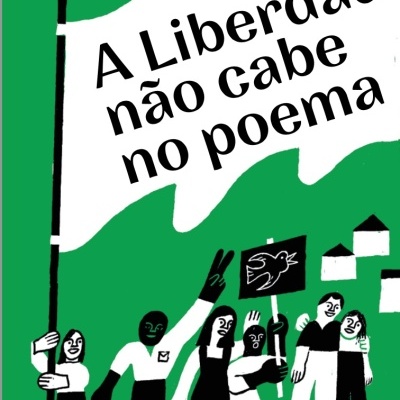 Ilustração de pessoas segurando bandeira com frase sobre liberdade e logótipos no rodapé
