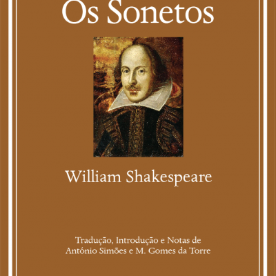 Capa castanha de livro 'Os Sonetos' de William Shakespeare com pintura dele no centro
