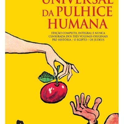 Capa de livro amarela com título e ilustração de mãos e maçã