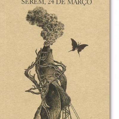 Capa de livro em papel castanho com ilustração a preto e textos em letras maiúsculas