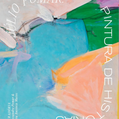 Capa de livro com pintura abstrata colorida e texto em branco